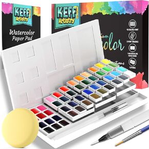 KEFF Watercolor Paint Set - 48 Water Colors Painting Kit Supplies for Adults with Refillable Paint Brush Pens, Sponge and Paper Pad for Beginners & Artists