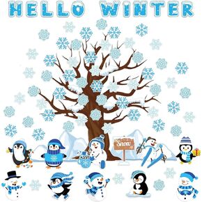 JUNEBRUSHS 112pcs Winter Bulletin Board Decorations Snowflakes Winter Classroom Decor Snowflake Snowman Penguin Tree Bulletin Board Cutouts for Winter Christmas School Home Wall Window Decor