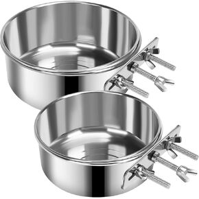 2 Pcs Large Dog Food Water Bowl for Cage with Upgraded Clamp Holder, Pet Kennel Hanging Bowls Stainless Steel Detectable Bowls Crate Feeder Dish for Large Dogs (7.1x3.7'' & 5.1x2.7'')
