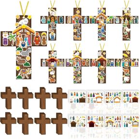 kaixiaoru 96pcs Christmas Nativity Scene Cross Craft Kit Make Your Own Jesus Nativity Hanging Craft Christian Religious DIY Ornament for Xmas Classroom Sunday School Church Party Decorations