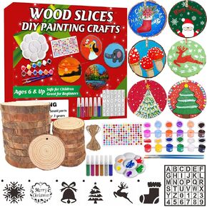 Collabell Natural Wood Slices, Wooden Arts and Crafts Kits for Kids Adults, 20PCS Unfinished Wood Slices Painting kit with Letter Numbers Xmas Stencils, Wooden Christmas Ornaments DIY Crafts