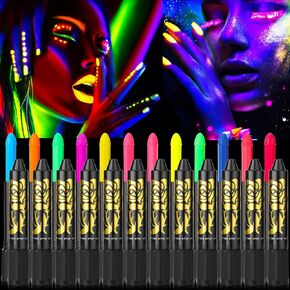 Handepo 24 Pcs Glow in the Black Light Face Paint Crayons Neon Face Body Paint UV Light Paint Kit Fluorescent Halloween Masquerade Makeup for Adult Mardi Gras Parties(Bright Color, Cute Style)