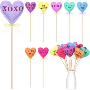 16 Pcs Valentine's Day Conversation Candy Heart Decoration Heart Stick Flower Picks Valentines Centerpiece Vase Filler Crafts and Table Decor Wedding Decor for Home Decoration(Novelty)