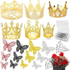 202Pcs Gold Crown Decor for Flower Bouquet,Flower Bouquet Accessories including 6 Crown Cake Topper,96 Butterflies and 100 Diamond Flower Pins Flower Arrangements Cake Topper Decoration