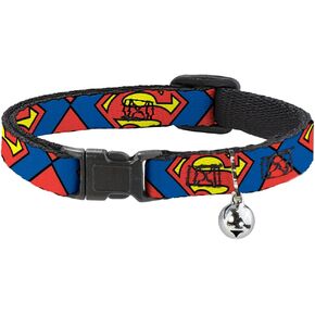 Cat Collar Breakaway Superman Shield Close Up Blue Red Yellow 8 to 12 Inches 0.5 Inch Wide