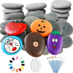 About 43 Pcs 2''-3'' Large River Rocks for Painting with Painting Kit Smooth Kindness Natural Rocks Flat Stones for Teens Adult Craft Enthusiasts, Bulk Paintable Pebbles for Home Decor, Holiday Gift