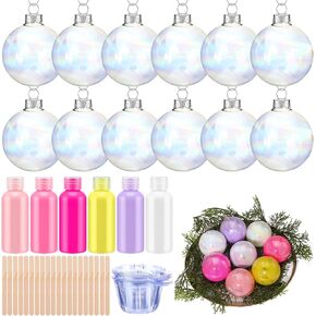 Syhood 12 Set DIY Iridescent Christmas Ball Ornaments 2.4" Large Glass Balls for Crafts Make Your Own Christmas Ornament Paintable Clear Christmas Marble Balls with Acrylic Paint Kits(Pastel Color)