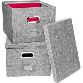 Hanging File Box 2-Pack | Portable Office Organizer with Lid, Handles, Metal Frame for Letter Size Folders (Gray)