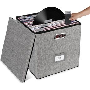 Vinyl Record Storage Box, Vinyl Record Organizer with 8 Sorting Dividers, Stackable Vinyl Storage Organizer Holds 80+ Records, LP Holder for Valuable Album Collection