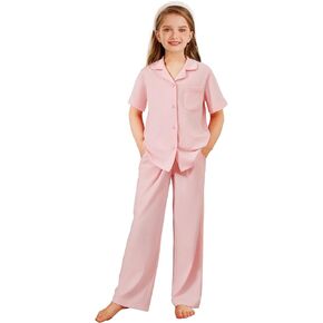 Arshiner Pajamas for Girls Short Sleeve Long Pants Outfit 2 Piece Sleepwear Button Pjs Sets