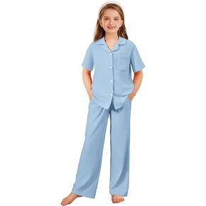 Arshiner Pajamas for Girls Short Sleeve Long Pants Outfit 2 Piece Sleepwear Button Pjs Sets