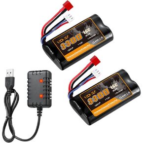 7.4V Li-ion Battery 3300mAh High Capacity RC Battery with Deans T Plug 2S Rechargeable Battery with 1 to 2 USB Charger Fit for WLtoys 4WD High Speed RC Cars Most 1/10, 1/12, 1/16 Scale Trucks