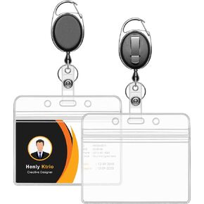 KTRIO 2 Pack Retractable ID Badge Holder with Clip Badge Reels, Clear ID Card Holder with 24" Pull Cord with Carabiner Badge Reel