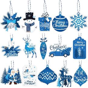 Pasimy 150 Pcs Christmas Name Tags with String Winter Paper Gift Tags White Blue Christmas Hanging Tag Labels Xmas Holiday Hang Name Tags for Gift Wrapping DIY Xmas Present Party Decor 15 Designs