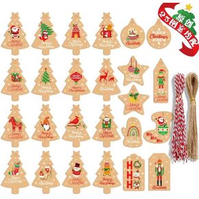 Christmas Gift Wrap Tags, 27 Pieces Wooden Tree, Star, Stocking Shapes with Strings