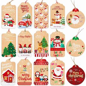 Christmas Tags for Gifts, 15 Designs Kraft Paper Christmas Gift Tags with String Hanging Name Tags Labels for Christmas Gift Wrap, DIY Arts and Crafts, Christmas Party(2 x 3.5 Inch)