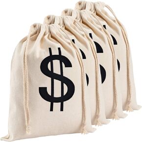4Pcs 6.3 x 9 Inches Canvas Money Bags - Halloween Prop Money Bag with Dollar Sign, Money Sacks for Bank Robber Costume Pirate Cosplay Theme Party