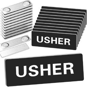 Sabary 10 Pcs Magnetic Usher Name Tag for Church Acrylic Usher Badge Name Tag with Magnet Reusable Badge Bulk for Uniform Clothes Church Gatherings, 1 x 3 Inch, Round Corners(Black White)