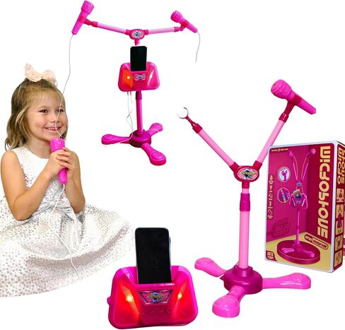 Kids Karaoke Machine with 2 Microphones Adjustable Height Wire Bluetooh Mic Music Sing Along with Flashing Lights Musical Effects Cell Phone Holder Kids Microphone with Stand Fun Kids Toy (Pink) in Kuwait