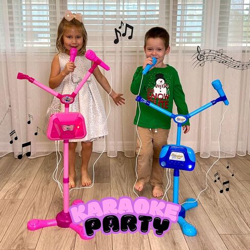 Kids Karaoke Machine with 2 Microphones Adjustable Height Wire Bluetooh Mic Music Sing Along with Flashing Lights Musical Effects Cell Phone Holder Kids Microphone with Stand Fun Kids Toy (Pink) in Kuwait