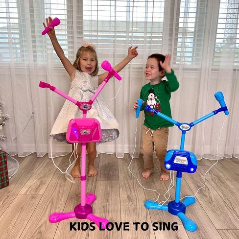 Kids Karaoke Machine with 2 Microphones Adjustable Height Wire Bluetooh Mic Music Sing Along with Flashing Lights Musical Effects Cell Phone Holder Kids Microphone with Stand Fun Kids Toy (Pink) in Kuwait