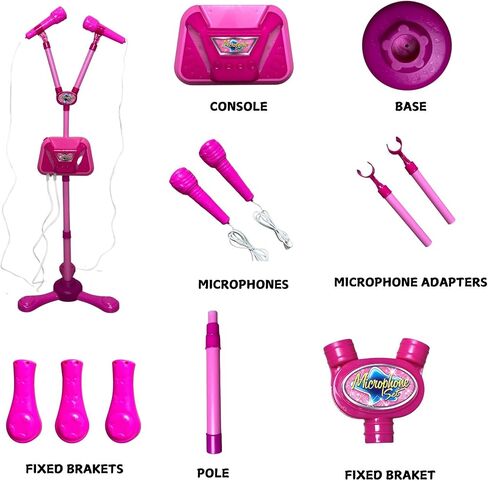 Kids Karaoke Machine with 2 Microphones Adjustable Height Wire Bluetooh Mic Music Sing Along with Flashing Lights Musical Effects Cell Phone Holder Kids Microphone with Stand Fun Kids Toy (Pink) in Kuwait