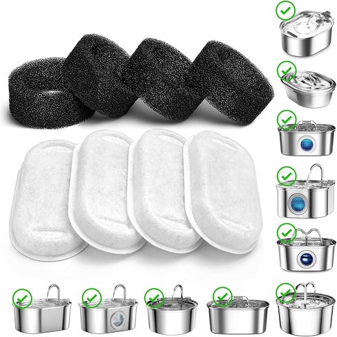 SOOFPET Stainless Steel Cat Water Fountain Filters: 8-Pack of Filters (Carbon Filters + Foam Filters) - Replacement Filters for 108oz/3.2L Automatic Dog Water Bowl Dispenser in Saudi Arabia