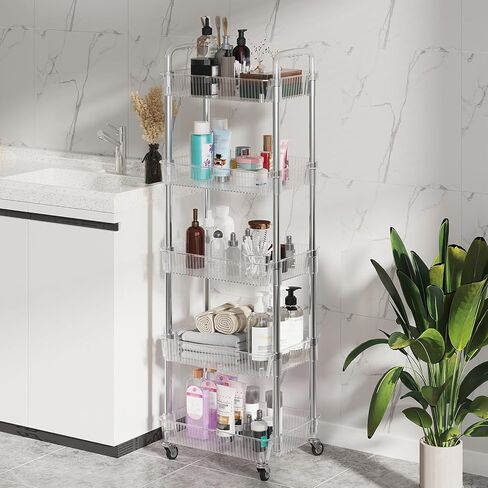 Dttwacoyh 4-Tier Rolling Cart，Makeup Cart with Wheels，Snack Cart，PET and Metal Rolling Cart for Living Room，Kitchen，Office，Bathroom，Golden in Kuwait