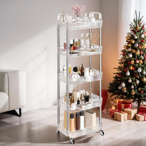 Dttwacoyh 4-Tier Rolling Cart，Makeup Cart with Wheels，Snack Cart，PET and Metal Rolling Cart for Living Room，Kitchen，Office，Bathroom，Golden in Kuwait