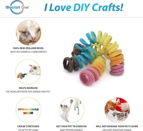 Glaciart One Felt Spring Cat Toy – 5 Pcs Soft Fuzzy Enrichment 100% Natural Wool Toy - Interactive Stretchable Play Cat Toy Set - Safe for Pets, Non-AZO Colored Dyes - 30" Long in Kuwait