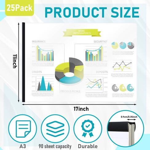 25 Pcs 11 x 17 Inch Report Covers with Black Sliding Bar, Clear Report Covers for A3 Size Paper, 90 Sheet Capacity, Suitable for Resume Document Contract Presentations Proposal in Saudi Arabia