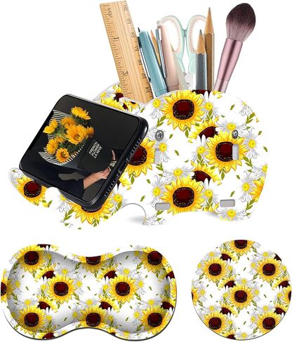 Cute Desk Accessories Set, Wooden Plastic Elephant Pen Pencil Holder Office Desk Decor Supplies Organizer, Multi-Function Phone Bracket Stand, Wrist Support Pad & Cup Coaster, Bright Sunflower in Saudi Arabia