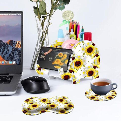 Cute Desk Accessories Set, Wooden Plastic Elephant Pen Pencil Holder Office Desk Decor Supplies Organizer, Multi-Function Phone Bracket Stand, Wrist Support Pad & Cup Coaster, Bright Sunflower in Saudi Arabia