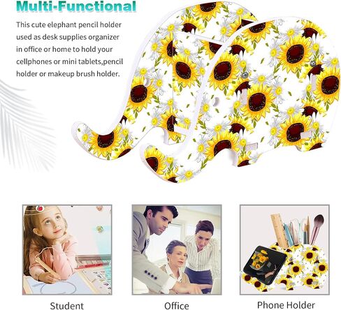 Cute Desk Accessories Set, Wooden Plastic Elephant Pen Pencil Holder Office Desk Decor Supplies Organizer, Multi-Function Phone Bracket Stand, Wrist Support Pad & Cup Coaster, Bright Sunflower in Saudi Arabia