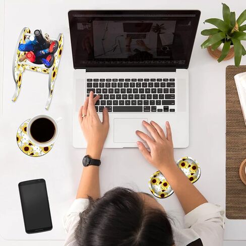 Cute Desk Accessories Set, Wooden Plastic Elephant Pen Pencil Holder Office Desk Decor Supplies Organizer, Multi-Function Phone Bracket Stand, Wrist Support Pad & Cup Coaster, Bright Sunflower in Saudi Arabia