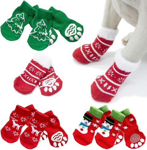 HANABASS 4 Pairs Christmas Dog Socks Non Slip Dog Socks Dog Paw Protector for Small Medium Large Senior Dogs (Size M) in Kuwait
