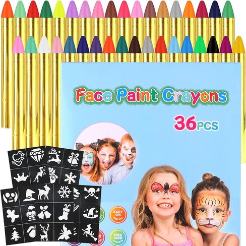 36 قطعة من طلاء الوجه من LOKIPA، أقلام تلوين للوجه والجسم آمنة وغير سامة، طلاء الوجه للأطفال مع 5 ملصقات لمستلزمات حفلات مكياج عيد الميلاد، المهرجانات، هدايا للأطفال in Kuwait