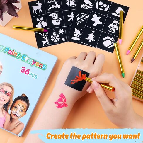 36 قطعة من طلاء الوجه من LOKIPA، أقلام تلوين للوجه والجسم آمنة وغير سامة، طلاء الوجه للأطفال مع 5 ملصقات لمستلزمات حفلات مكياج عيد الميلاد، المهرجانات، هدايا للأطفال in Kuwait