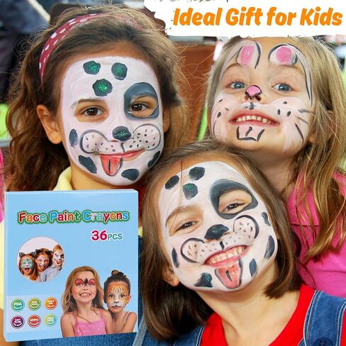 36 قطعة من طلاء الوجه من LOKIPA، أقلام تلوين للوجه والجسم آمنة وغير سامة، طلاء الوجه للأطفال مع 5 ملصقات لمستلزمات حفلات مكياج عيد الميلاد، المهرجانات، هدايا للأطفال in Kuwait