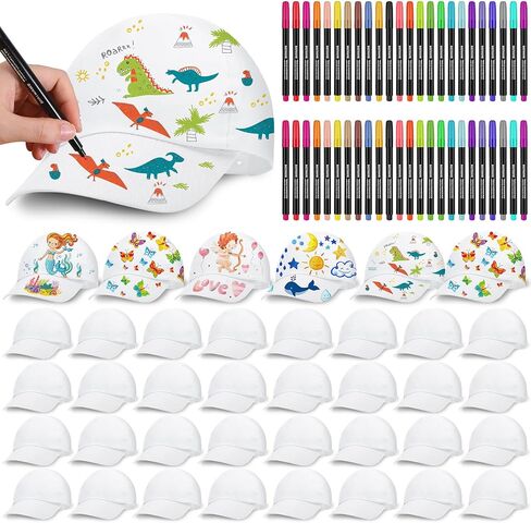 Funnysoft 16 قطعة من قبعات الهالوين البيضاء DIY للأطفال مع 24 لونًا من القماش قلم تحديد قبعات بيسبول فارغة لحفلات الهالوين مع حزام خلفي مجمع لمستلزمات الهالوين (32 قطعة) in Kuwait