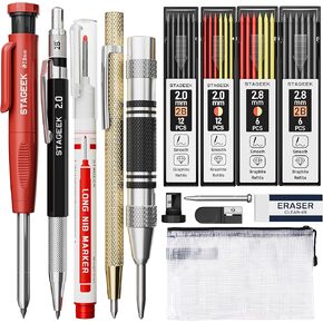 22 Pack Mechanical Carpenter Pencil Set with Sharpener 60 Refills, Automatic Center Punch, Carbide Scribe Tool, Eraser and Deep Hole Marker Pen, Heavy Duty Construction Pencil for Architect-With Pouch