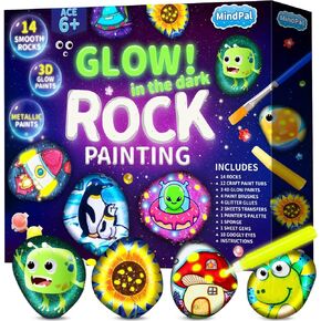 MindPal Kids Rock Painting Kit, 14 Pebbles for Painting - Glow in The Dark Rock Kit - Arts and Crafts for Kids Ages 6-12, Birthday Christmas Gift for Boys and Girls