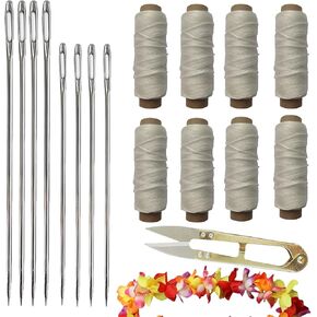 17 Pcs Lei Needle Kit Include 8 Pcs Stainless Steel Long Needle 8 Rolls Lei Needle Twine 1 Sewing Scissors 4.1inch for DIY Graduation Hawaiian Malay Flower Lei Craft Making