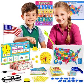 Pretend Play Teacher Set, Kids Pretend Teacher Playset School Toys with Whiteboard Map Puzzel Bell Calendar Alphabet, STEM Learning Education Toys Ideal Gifts for Kids Toddlers for Christmas