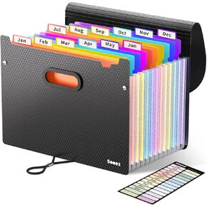 Sooez Upgraded Accordion File Organizer - Never Cover Up Index Tab with Deeper 12 Pocket, Expanding File Folder for A4/Letter Size Paper, Portable Monthly Bill Receipt Organizer for Home Office School