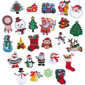 Nydotd 26pcs Christmas Iron on Patches, Embroidered Sew on Applique Christmas Tree Decorative Repairing Patches Christmas Themed Applique for Craft, Clothing, Hat, Jeans and DIY Christmas Gifts