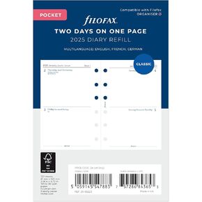 Filofax Calendar Diary Refill, Pocket Size, Two Days on One Page, White Paper, Unruled, Trilingual, 2025 (C68223-25)