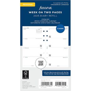 Filofax Calendar Diary Refill, Personal/Compact Size, Week-to-View with Notes Section, Sunday to Saturday, White Paper, Unruled, English, 2025 (C68419-25)