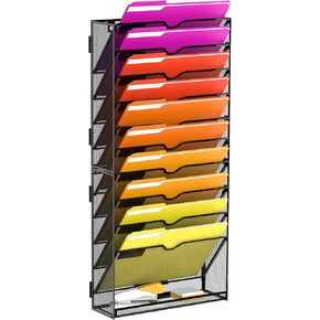 Wall File Organizer, 11-Tier Mesh Hanging File Organizer for Papers, Folders, Files Clipboard & Magazine Organization, Assembly Needed, Ideal Wall Organizer for Office Home, Black