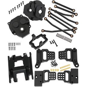 Upgrades for 1/18 TRX4M RC Crawler,Aluminum Alloy Front Rear Adjustable Shock Towers,Gearbox Housing,Transmission Mount,Steering Servo Mount & Chassis Links Hops up,Black